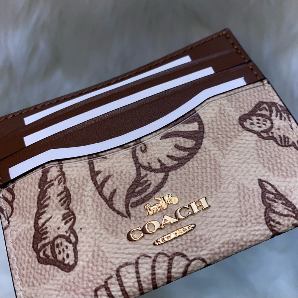 Coach Beige and Brown Shell Print Cardholder with Gold Logo